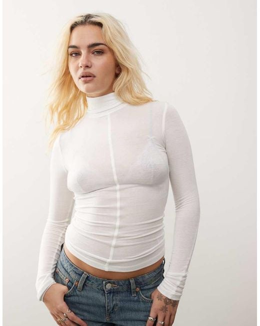Weekday White Diba Semi Sheer Long Sleeve High Neck Top With Seam Detail