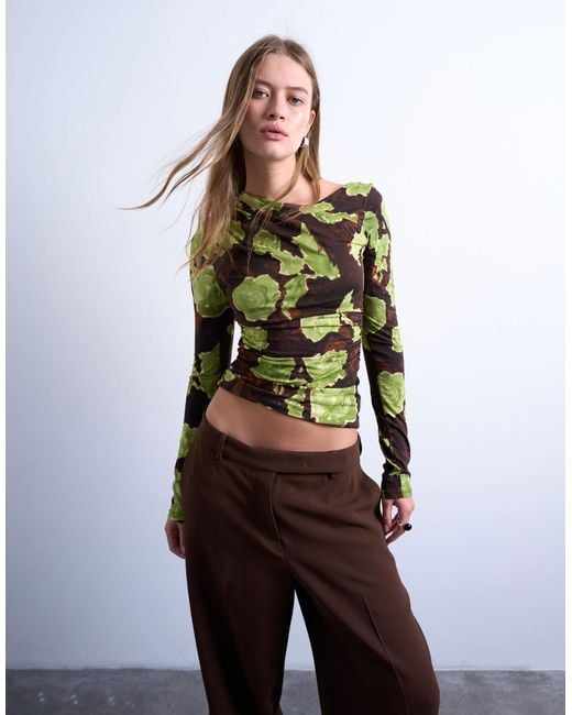 TOPSHOP Multicolor Asymmetric Slash Neck Floral Print Long Sleeve Top