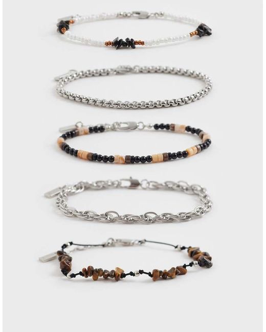 ASOS White 5 Pack Semi-Precious Tigers Eye And Obsidian Chippings And Seedbead Bracelet for men