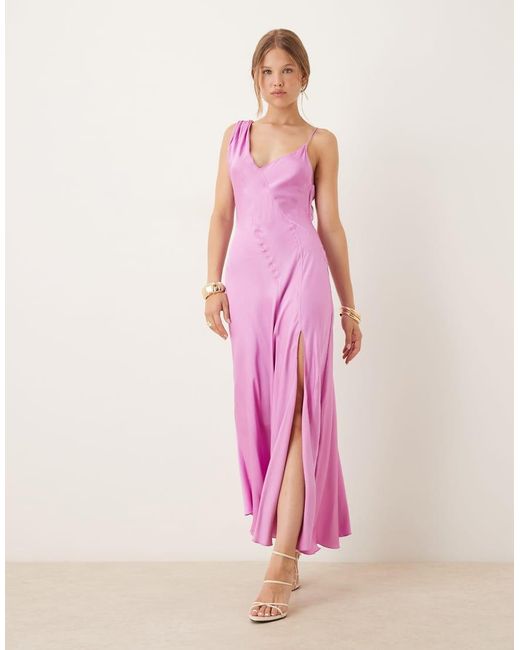 Mango Pink One Shoulder Satin Midi Dress With Side Split