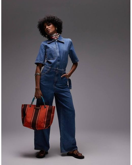 Mango Blue Oversized Short Sleeve Belted Denim Jumpsuit