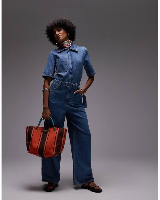 Mango Blue Oversized Short Sleeve Belted Denim Jumpsuit