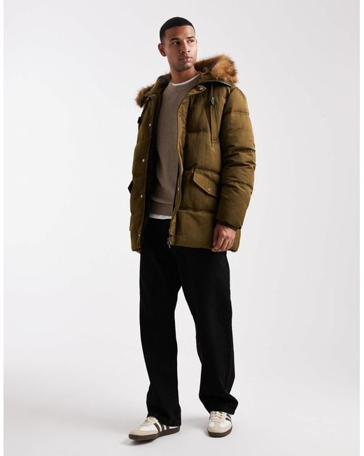 ASOS Brown Puffer Jacket With Faux Fur Hood Trim for men