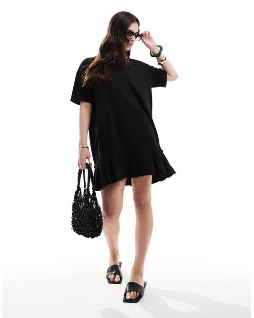 Miss Selfridge Black Poplin Frill Detail T-shirt Dress