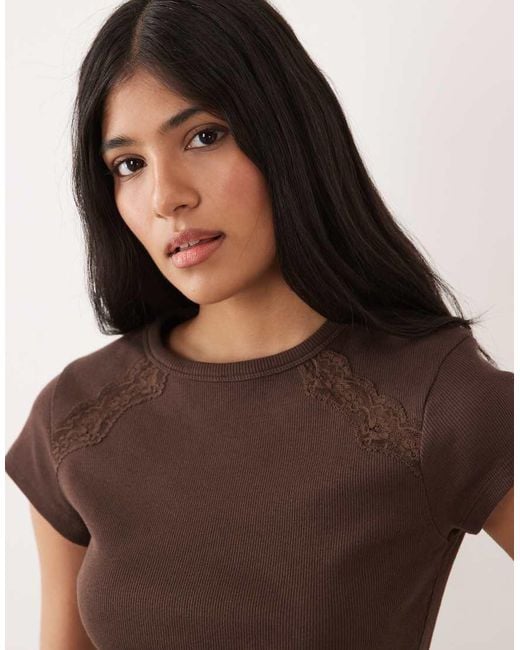 Miss Selfridge Brown Ribbed T-shirt With Lace Inserts