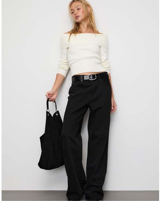 Stradivarius White Exposed Shoulder Knit Sweater