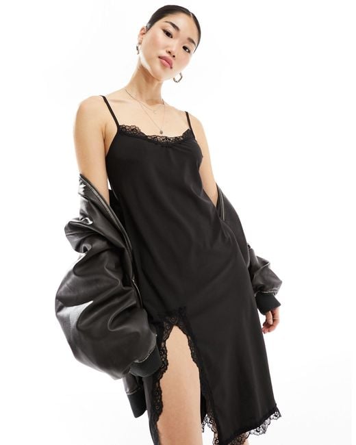 Weekday Black Effy Midi Slip Dress With Lace Details And Side Split