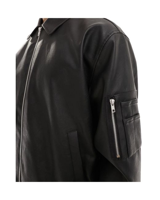 ASOS Black Oversized Faux Leather Bomber Jacket for men
