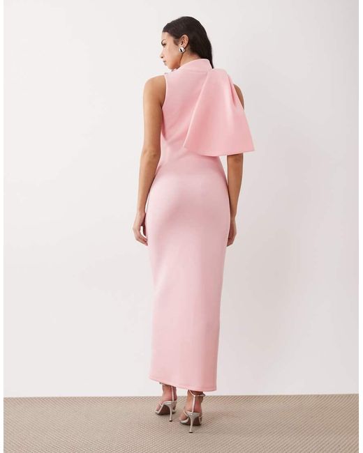 ASOS Pink High Neck Fallen Bow Detail Midi Dress