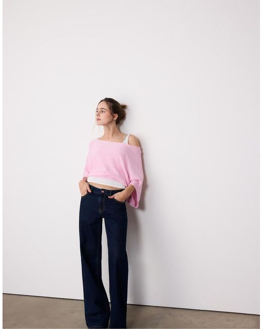 Stradivarius Pink Boat Neck Knit Jumper With Overlay