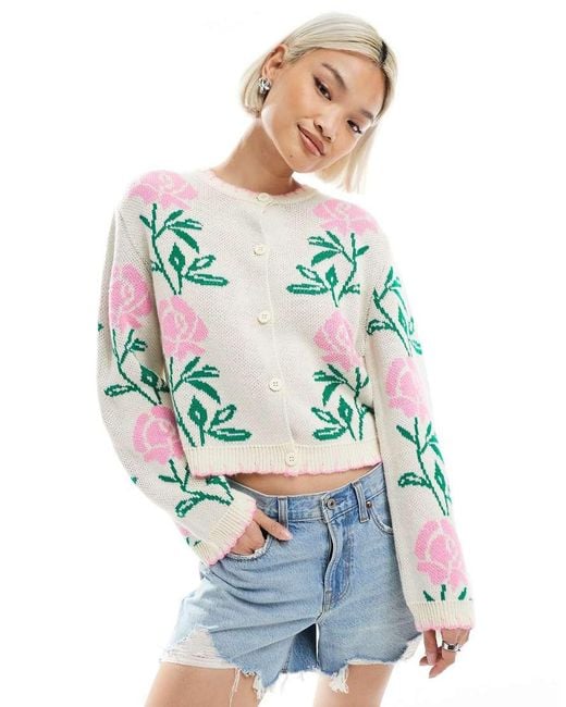 Miss Selfridge White Pink Floral Blanket Stitch Knitted Cardigan