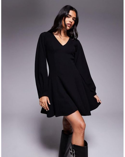 ASOS Black Supersoft V Neck Fit And Flare With Seam Detail Mini Dress