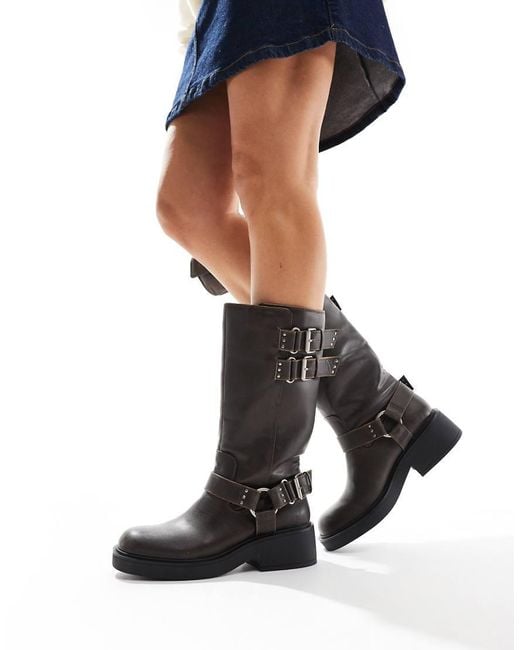 Bershka Black Buckle Detail Calf Length Boots