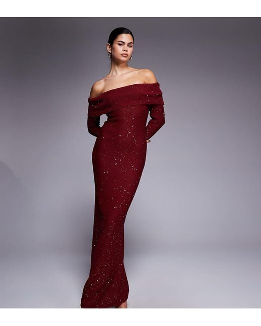 Kaiia Red Exclusive Off-shoulder Long Sleeve Sequin Knit Maxi Dress