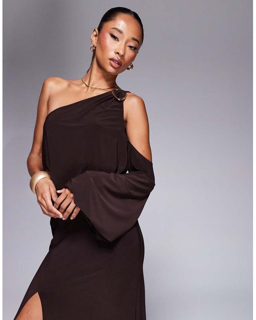 ASOS Slinky Asymmetric Drape Maxi Dress With Oversized Trim in Brown | Lyst  UK