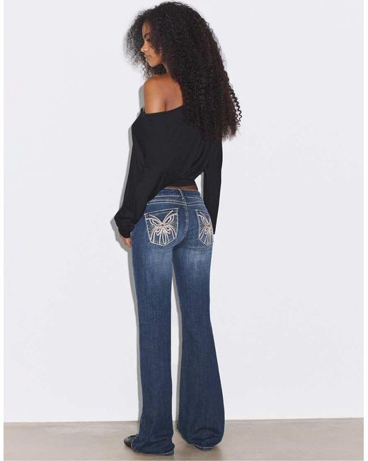 Stradivarius Blue Embroidered Pocket Bell Bottom Jeans