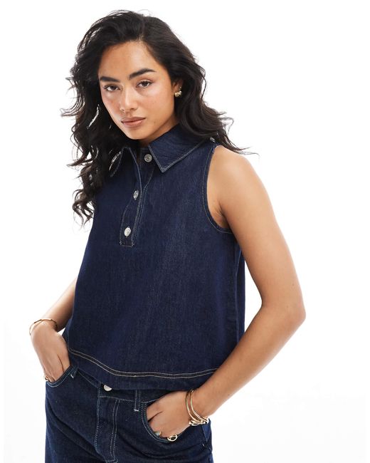 ASOS Women's Blue Denim Sleeveless Collar Button Up Top