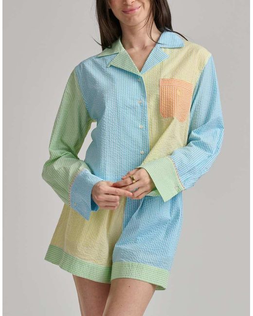 Polo Ralph Lauren Blue Seersucker Long Sleeve Crop Top And Short Sleep Set