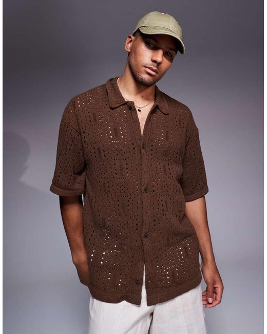ADPT Brown Knitted Crochet Shirt for men