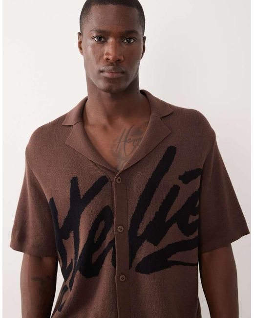 ASOS Brown Oversized Knitted Revere Button Through Shirt With Graphic for men