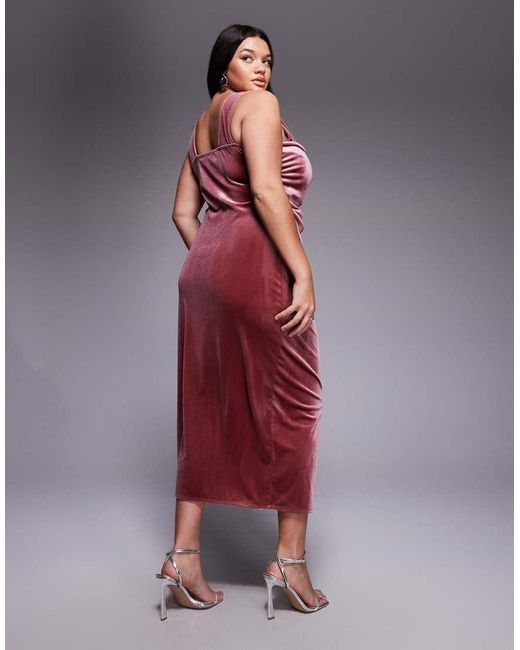 ASOS Red Asos Design Curve Velvet Curved Neckline Midi Dress With Slit