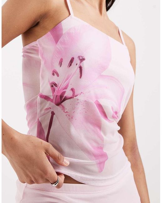 Pieces Purple Overblown Placement Floral Print Mesh Top Co-Ord