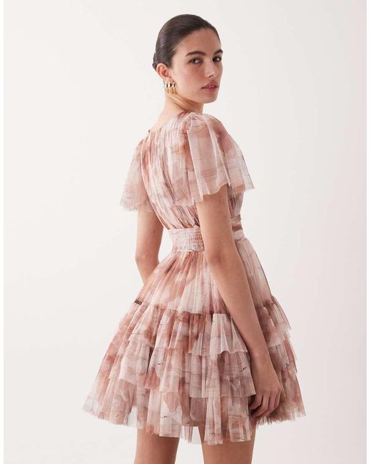 LACE & BEADS Pink V Neck Ruffle Skirt Mini Dress