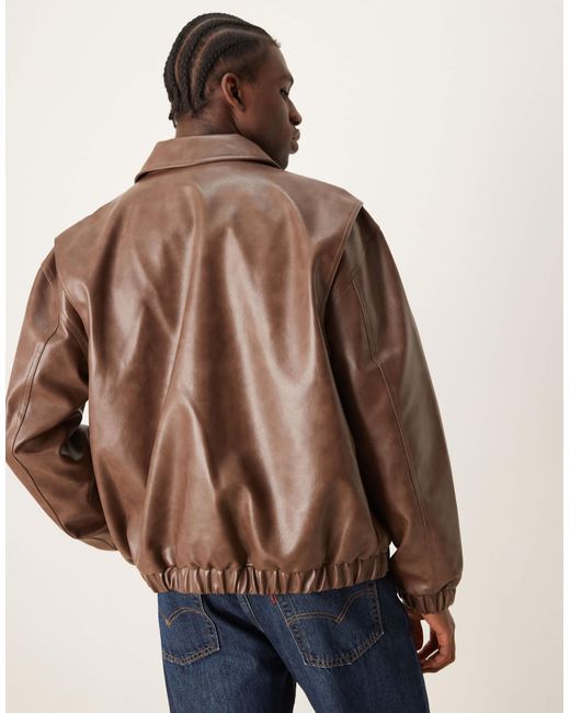 ASOS Natural Faux Leather Oversized Harrington Jacket for men