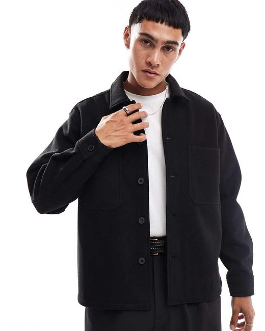 Bershka Black Faux Wool Overshirt for men