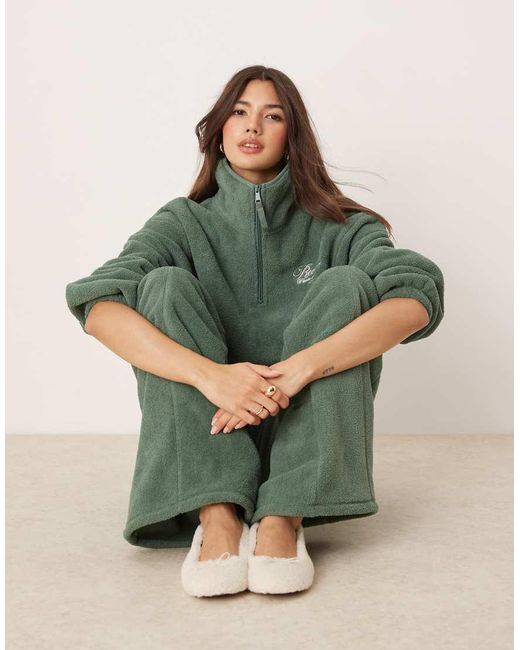 ASOS Green Lounge Microfleece Zip Collar Sweat & Wide Leg Set