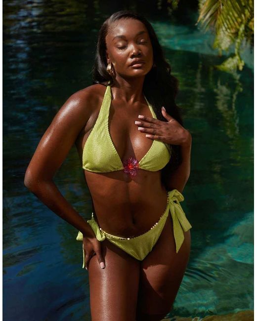 South Beach Green Crinkle High Apex Triangle Bikini Top With Pink Flower Detail
