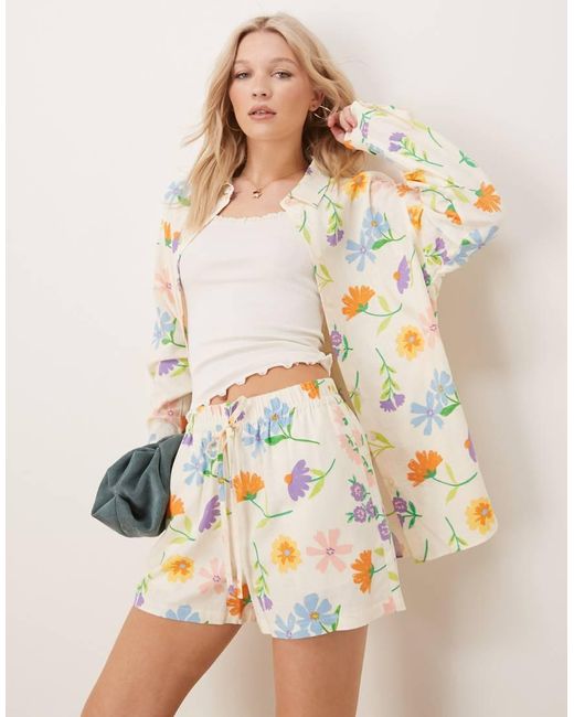 ASOS Oversized Overhemd Van Linnenmix Met Geverfde Bloemenprint, Deel Van Co-Ord Set in het Natural