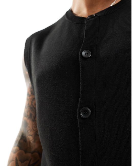ASOS Black Knitted Sleeveless Button Through Crew Neck Cardigan for men