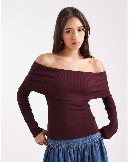 Miss Selfridge Gemengd Geribbelde Bardot-Top in het Red