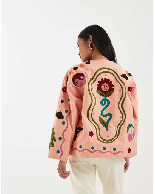 ASOS Pink Asos Design Petite Embroidered Collarless Jacket