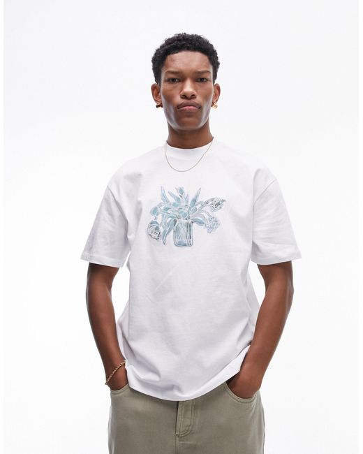 T-shirt oversize premium bianca con ricamo di fiori di Topman in White da Uomo