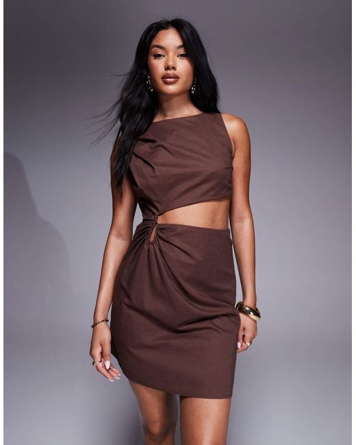 4th & Reckless Brown Contains Linen Cut Out Metal Hardware Mini Dress