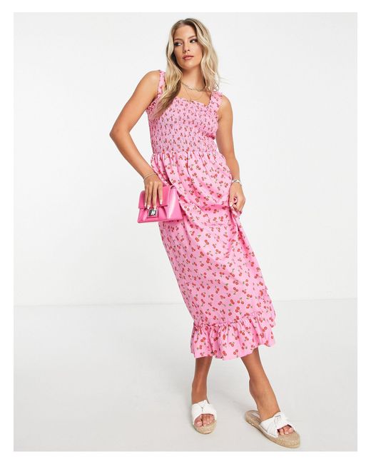 Pieces Synthetic Shirred Midi Dress in Pink Lyst Canada