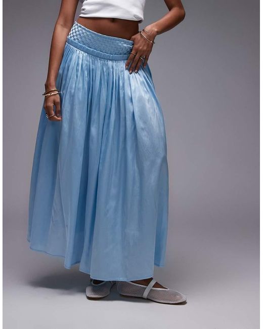 TOPSHOP Blue Crinkle Full Skirt With Sheen