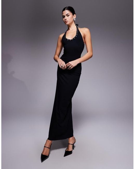 Fashionkilla Blue Halterneck Scoop Neck Eyelet Trim Low Back Maxi Dress