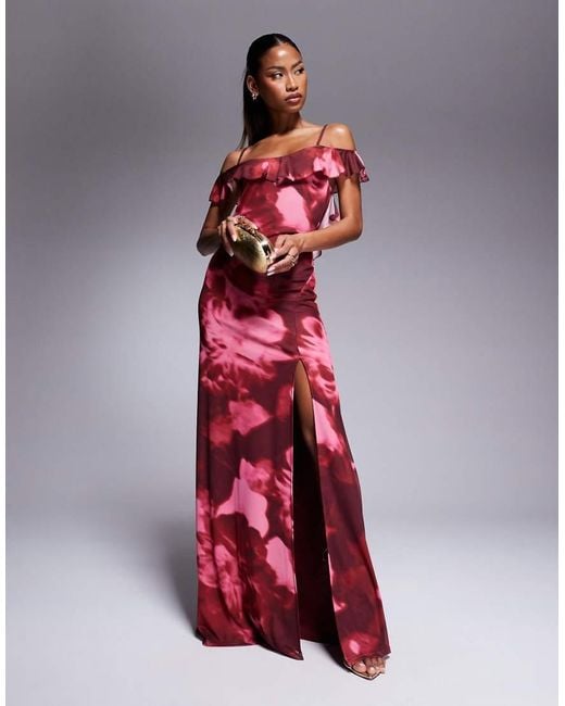 Red long ruffle dress best sale