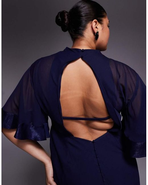 ASOS Blue Asos Design Curve Half Wide Sleeve Column Chiffon And Satin Contrast Dress
