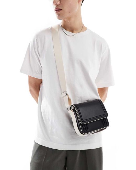 ASOS White Faux Leather Cross Body Bag With Contrast Ecru Strap And Piping for men