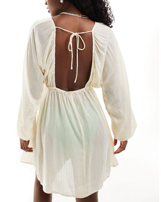ASOS White Plunge Long Sleeve Sheer Mini Beach Dress With Metallic Stripes