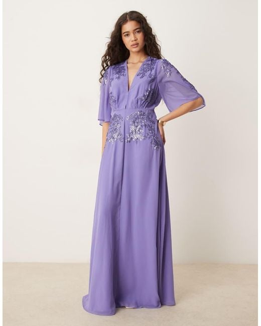 Hope & Ivy Purple Hartley Plunge Front Embellished Maxi Dress With Flutter Sleeves