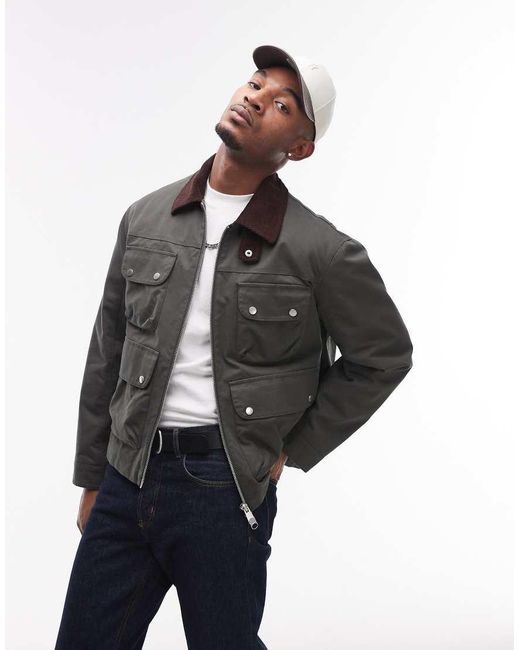 Topman Black Wax Look Jacket With Cord Collar for men
