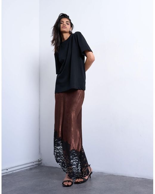 TOPSHOP Brown Satin Asymmetric Lace Hem Maxi Skirt