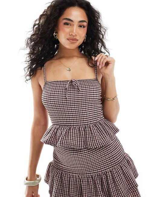Miss Selfridge Purple Crinkle Gingham Frill Top