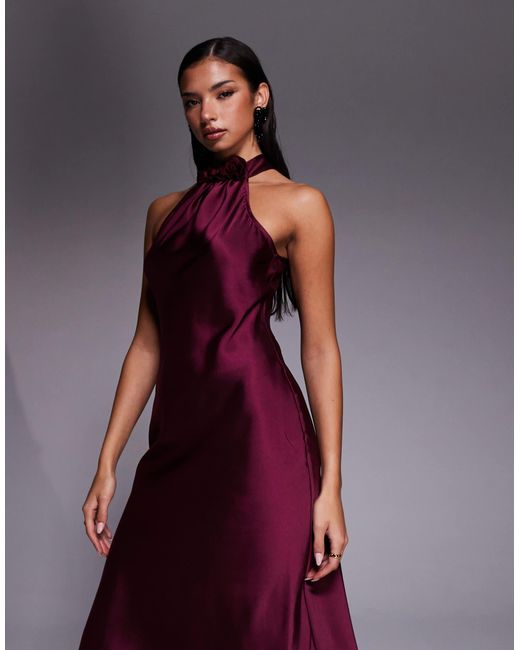 New Look Purple Satin Corsage Detail Halterneck Midi Dress
