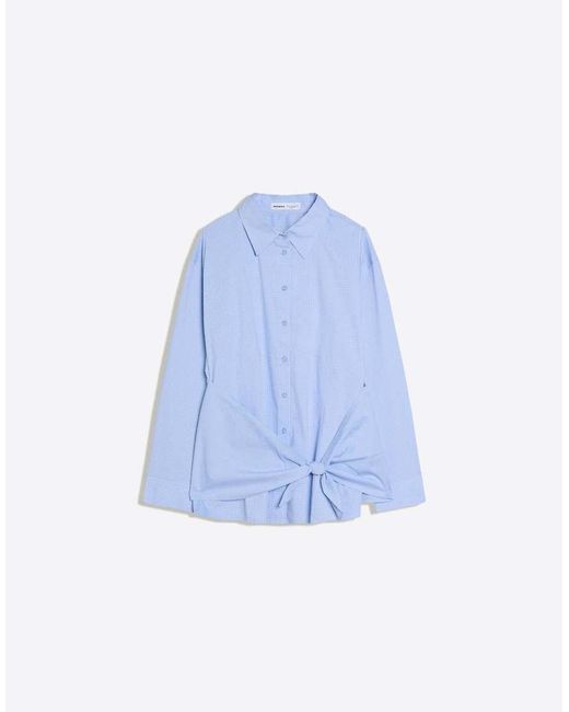 Bershka Blue Oversize Poplin Shirt With Bow Print